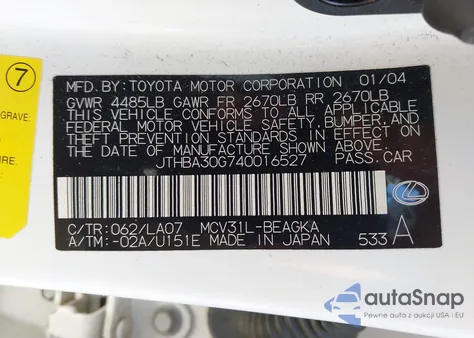 2004 Lexus Es 330 from USA, damaged, VIN JTHBA30G740016527